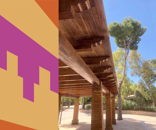 Pérgola con cubierta de tablero de hormigón imitación madera y vigueta Élite con terminación pecho paloma