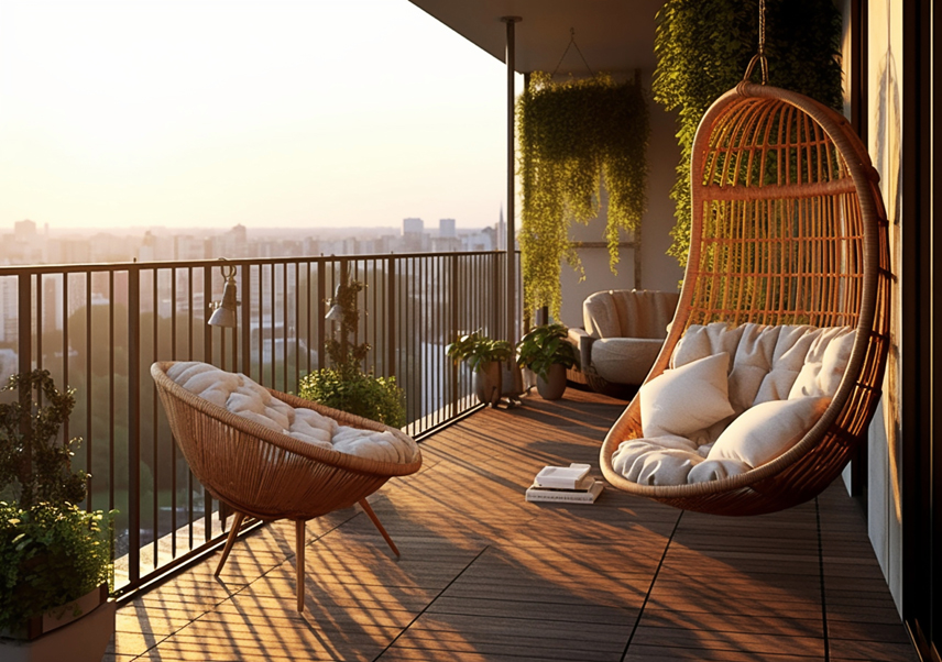 Balcón con sillón colgante y plantas